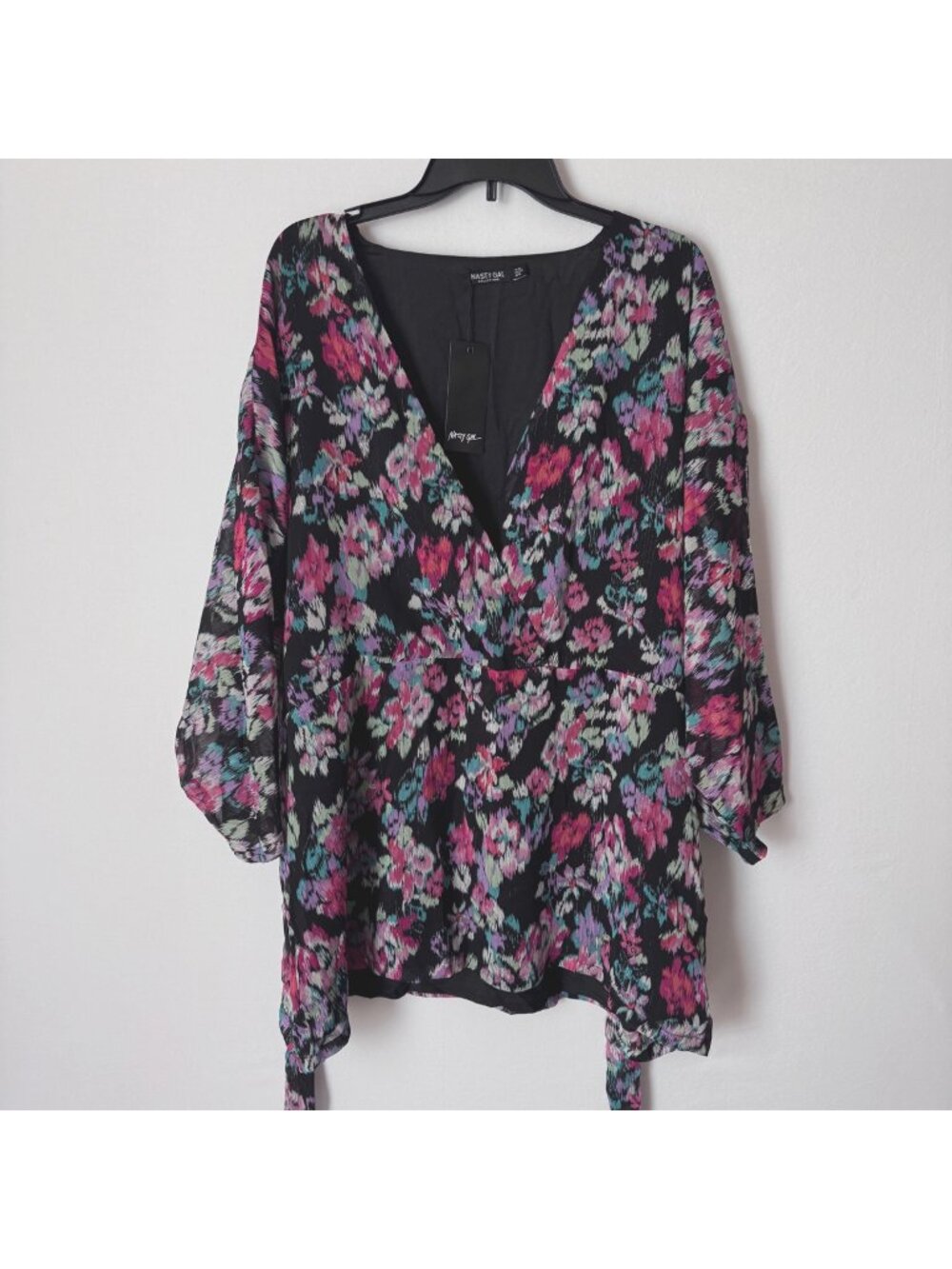 Nasty Gal Women Black Floral Wrap Kimono Top With Belt Size US 16